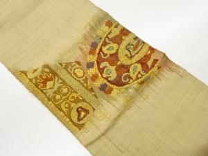 手織り真綿紬抽象花鳥模様織出し名古屋帯